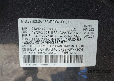 2019 Acura Mdx Tech Pkg from USA, damaged, VIN 5J8YD3H53KL000697